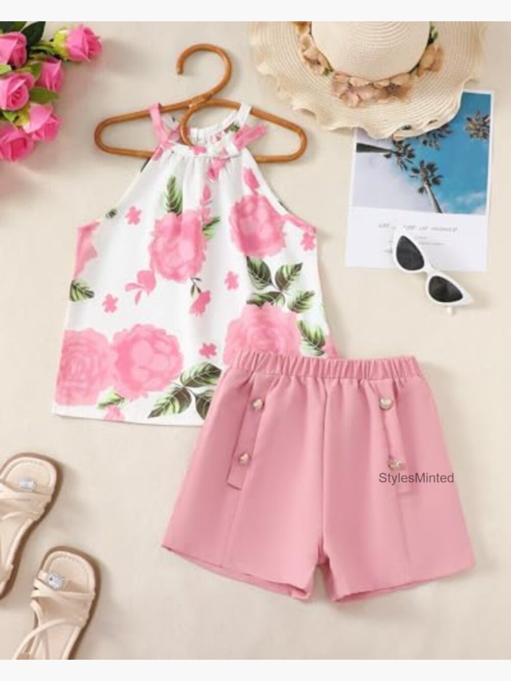 Kids Floral Crop Top & Shorts Set 2 Piece Summer Outfit Size 8-12 - Picture 2 of 7
